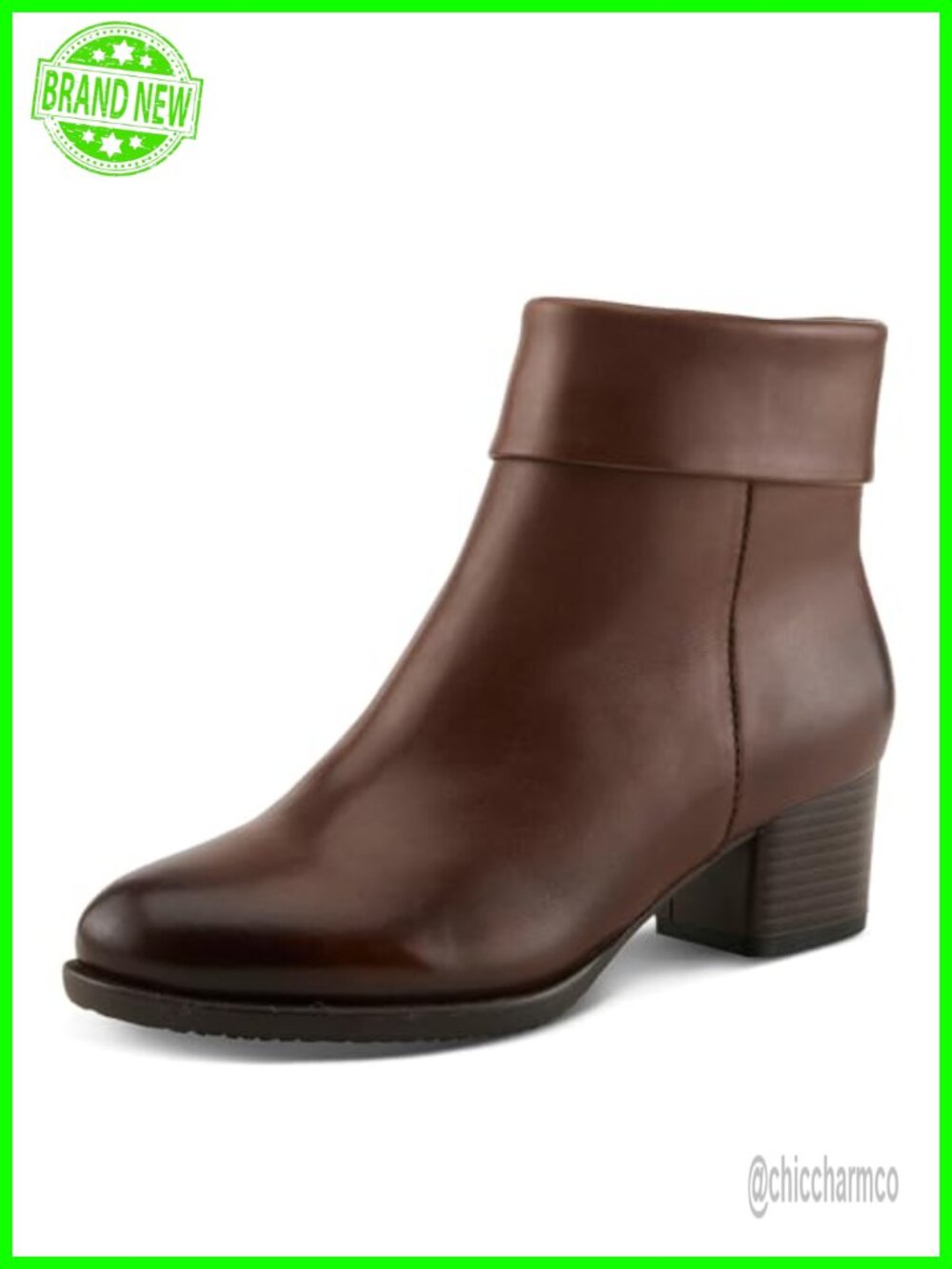 Leather Ankle Bootie with Folded Topline and Stacked Block Heel